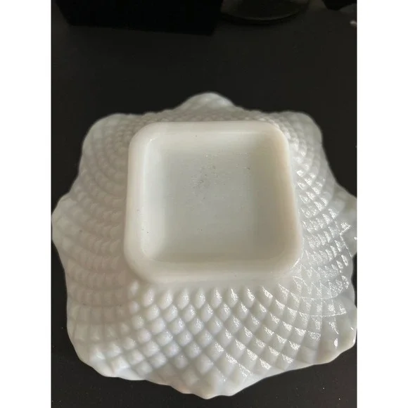 Milk Glass Bowl White Vintage Hobnail Ruffled Edge Square Base Collectible 5in - Picture 3 of 8